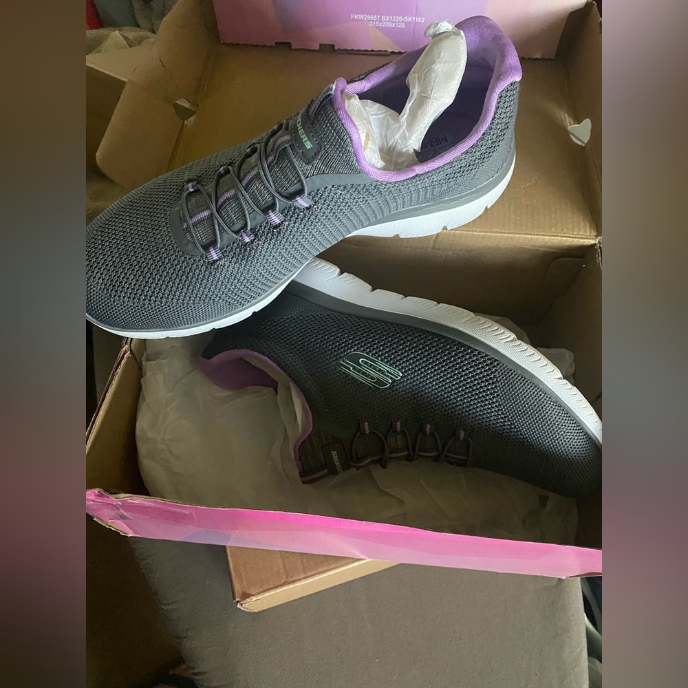 Skechers Gray Knit Slip-On Sneakers with Purple Trim